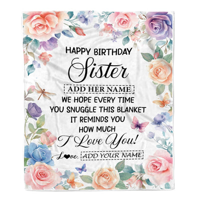 Personalized Happy Birthday Sister Gifts From Brother Blanket Butterfly Flower Present Birthday Gift For Sister Gifts Customized Fleece Throw Blanket | teecentury