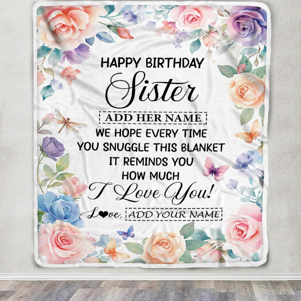 Personalized Happy Birthday Sister Gifts From Brother Blanket Butterfly Flower Present Birthday Gift For Sister Gifts Customized Fleece Throw Blanket | teecentury