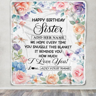 Personalized Happy Birthday Sister Gifts From Brother Blanket Butterfly Flower Present Birthday Gift For Sister Gifts Customized Fleece Throw Blanket | teecentury