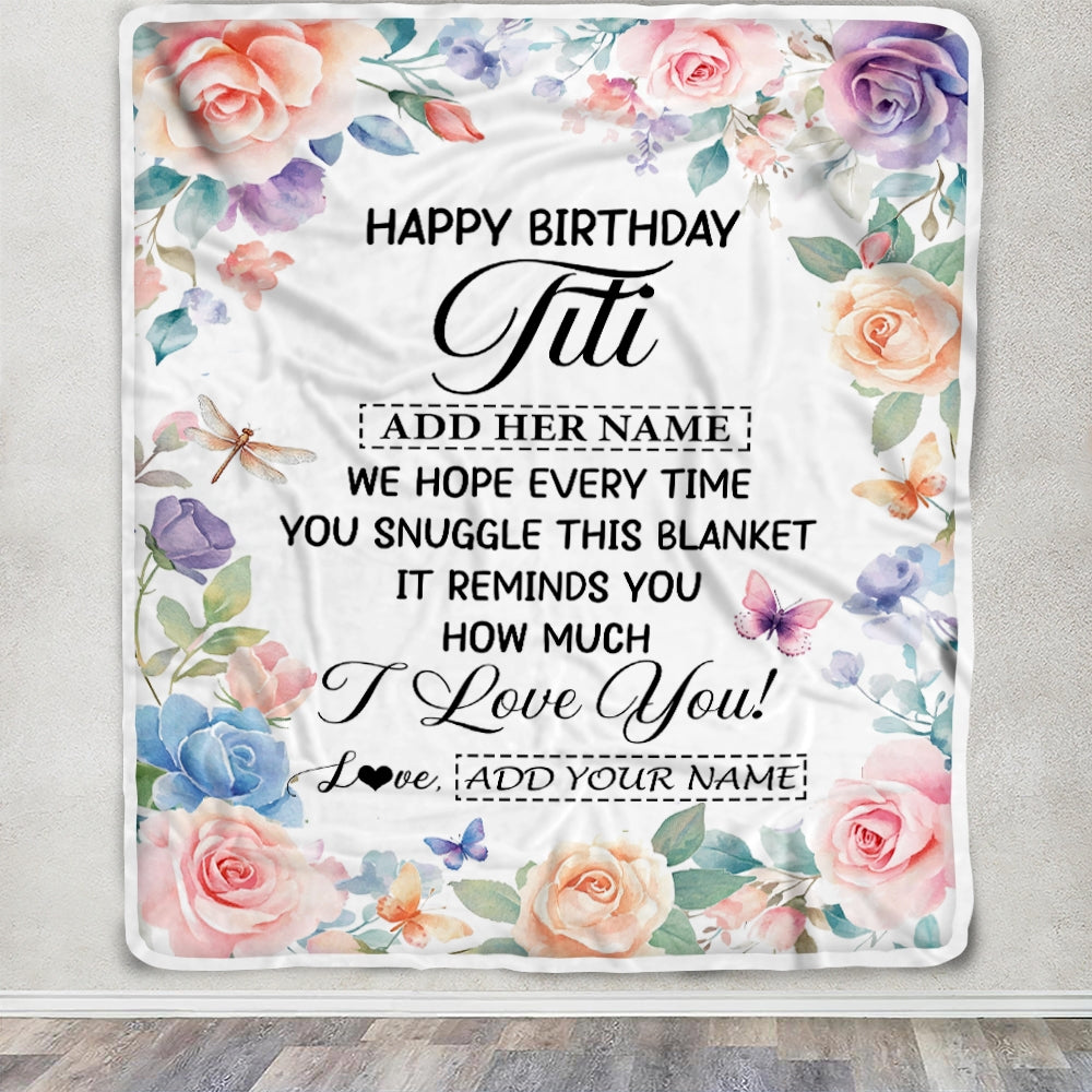 Personalized Happy Birthday Titi Gifts From Niece Nephew Blanket Butterfly Flower Present Birthday Gift For Titi Gifts Customized Fleece Throw Blanket | teecentury