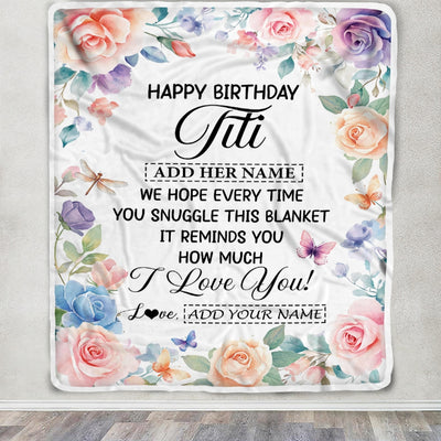 Personalized Happy Birthday Titi Gifts From Niece Nephew Blanket Butterfly Flower Present Birthday Gift For Titi Gifts Customized Fleece Throw Blanket | teecentury