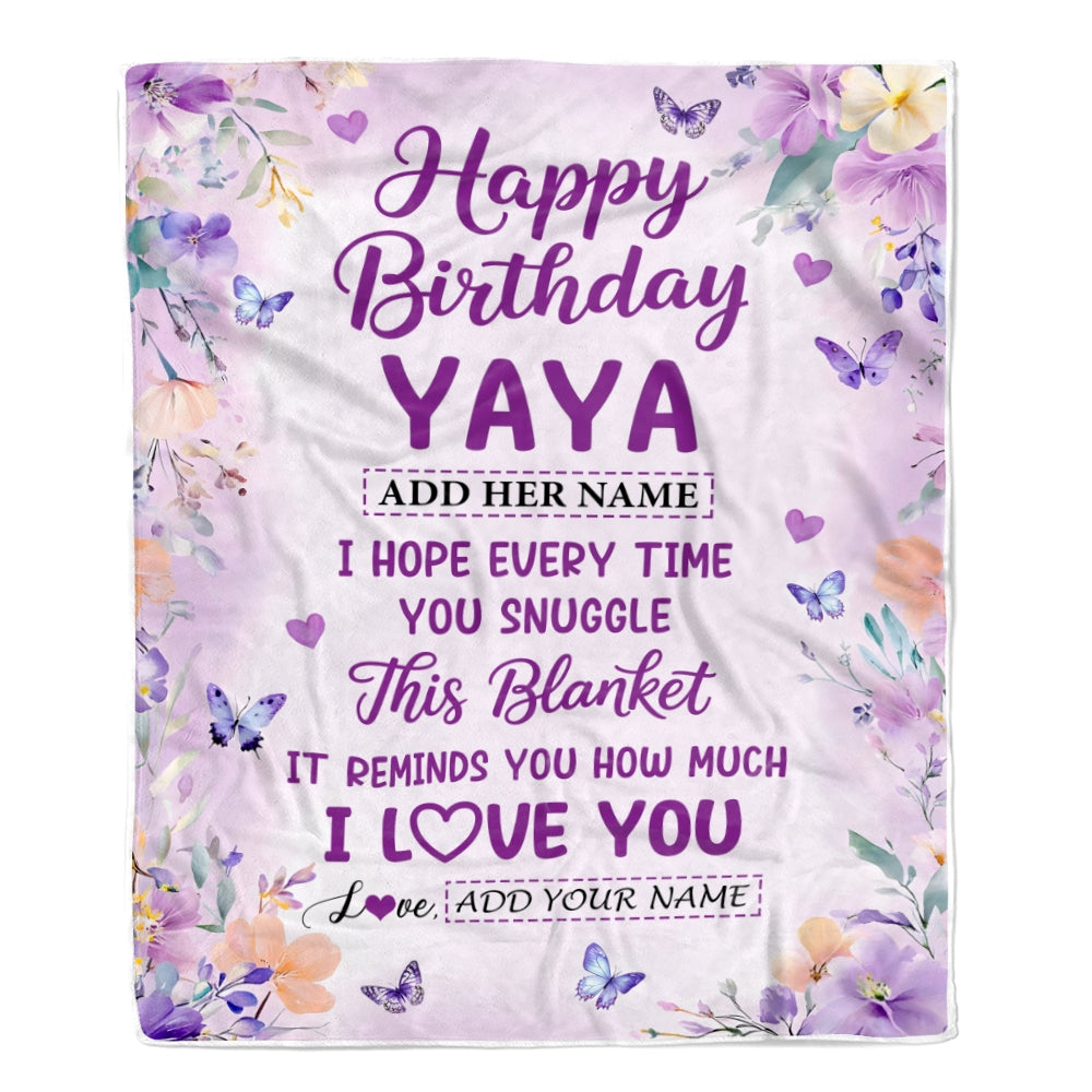 Personalized Happy Birthday Yaya Gifts From Kids Grandson Blanket I Love You Purple Floral Birthday Gift Idea For Yaya Gifts Customized Fleece Throw Blanket | teecentury