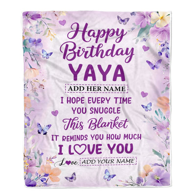 Personalized Happy Birthday Yaya Gifts From Kids Grandson Blanket I Love You Purple Floral Birthday Gift Idea For Yaya Gifts Customized Fleece Throw Blanket | teecentury