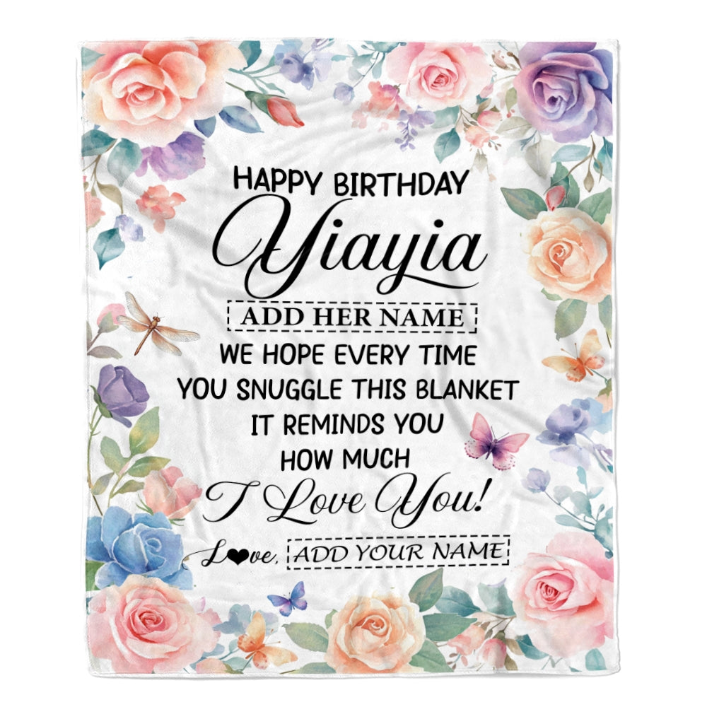 Personalized Happy Birthday Yiayia Gifts From Granddaughter Blanket Butterfly Flower Present Birthday Gift For Yiayia Gifts Customized Fleece Throw Blanket | teecentury