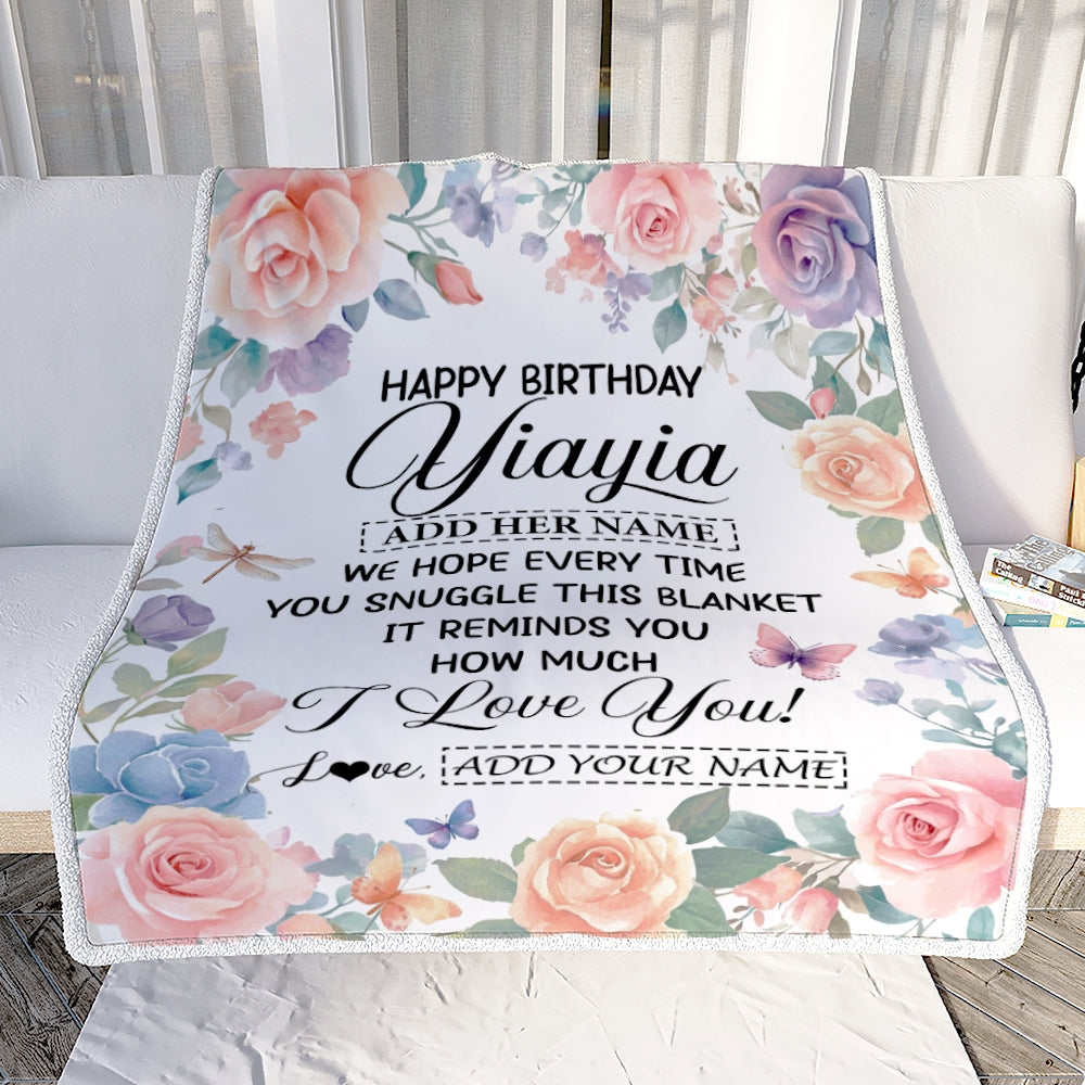 Personalized Happy Birthday Yiayia Gifts From Granddaughter Blanket Butterfly Flower Present Birthday Gift For Yiayia Gifts Customized Fleece Throw Blanket | teecentury