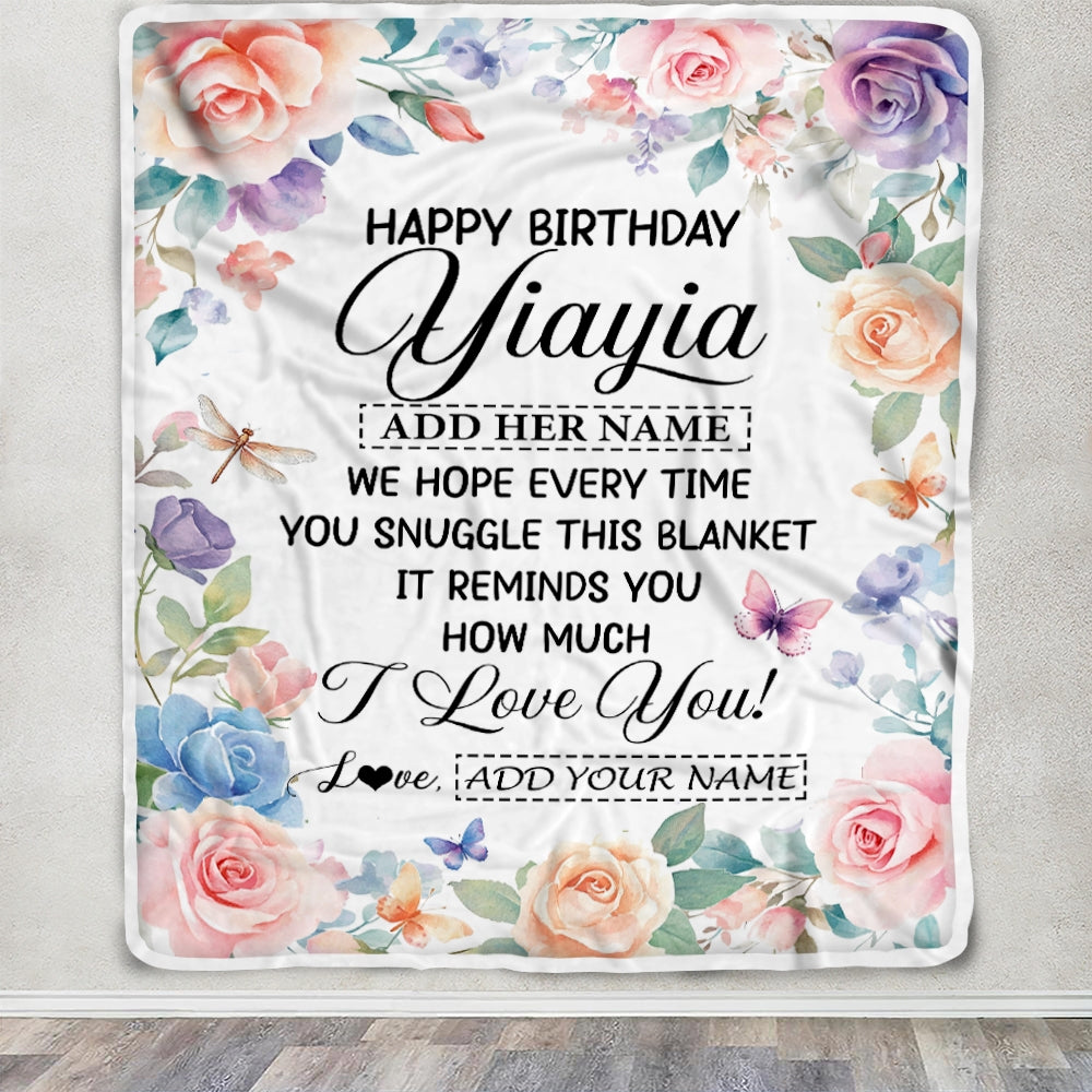 Personalized Happy Birthday Yiayia Gifts From Granddaughter Blanket Butterfly Flower Present Birthday Gift For Yiayia Gifts Customized Fleece Throw Blanket | teecentury