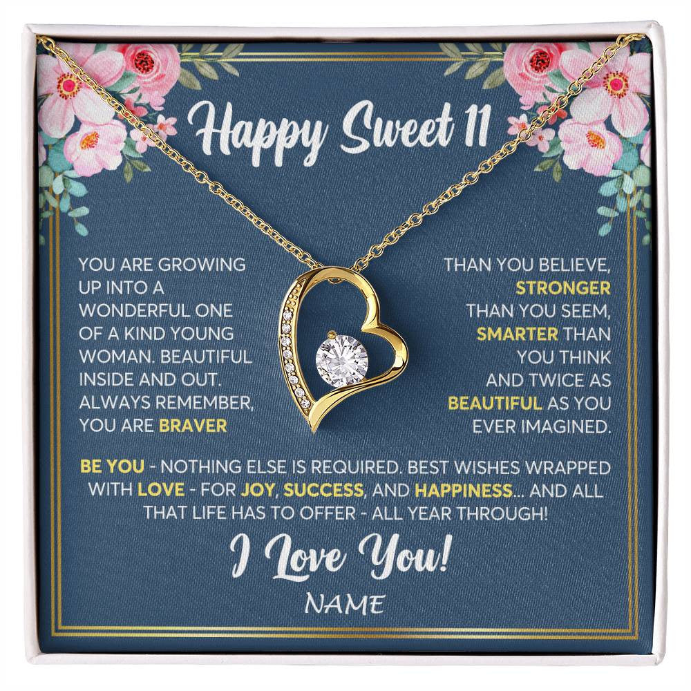 Forever Love Necklace 18K Yellow Gold Finish | Personalized Happy Sweet 11 For Girls Necklace Sweet Eleven 11th Birthday Gifts For 11 Eleven Old For Girl Niece Daughter Customized Gift Box Message Card | teecentury