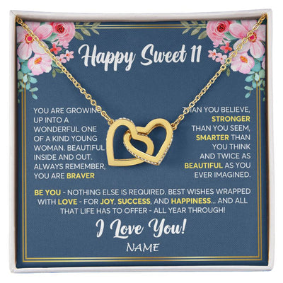 Interlocking Hearts Necklace 18K Yellow Gold Finish | Personalized Happy Sweet 11 For Girls Necklace Sweet Eleven 11th Birthday Gifts For 11 Eleven Old For Girl Niece Daughter Customized Gift Box Message Card | teecentury
