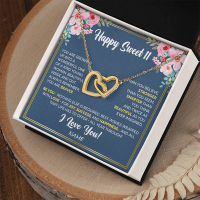 Interlocking Hearts Necklace 18K Yellow Gold Finish | Personalized Happy Sweet 11 For Girls Necklace Sweet Eleven 11th Birthday Gifts For 11 Eleven Old For Girl Niece Daughter Customized Gift Box Message Card | teecentury