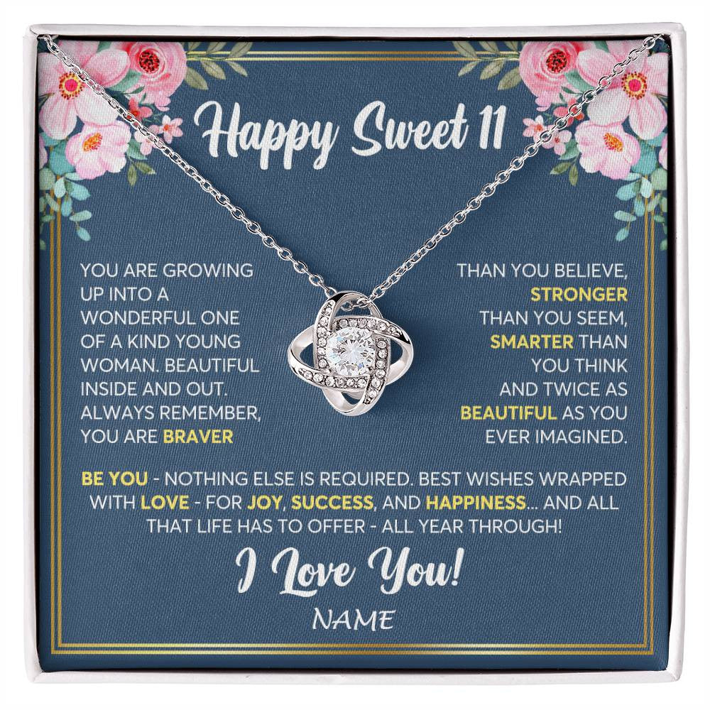 Love Knot Necklace 14K White Gold Finish | Personalized Happy Sweet 11 For Girls Necklace Sweet Eleven 11th Birthday Gifts For 11 Eleven Old For Girl Niece Daughter Customized Gift Box Message Card | teecentury