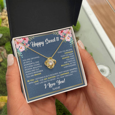 Love Knot Necklace 18K Yellow Gold Finish | Personalized Happy Sweet 11 For Girls Necklace Sweet Eleven 11th Birthday Gifts For 11 Eleven Old For Girl Niece Daughter Customized Gift Box Message Card | teecentury