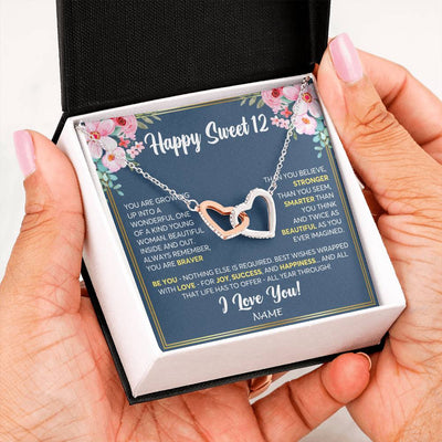 Interlocking Hearts Necklace Stainless Steel & Rose Gold Finish | Personalized Happy Sweet 12 For Girls Necklace Sweet Twelve 12th Birthday Gifts For 12 Twelve Old For Girl Niece Daughter Customized Gift Box Message Card | teecentury