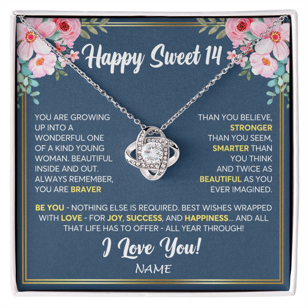 Love Knot Necklace 14K White Gold Finish | Personalized Happy Sweet 14 For Girls Necklace Sweet Fourteen 14th Birthday Gifts For 14 Fourteen Old For Girl Niece Daughter Customized Gift Box Message Card | teecentury