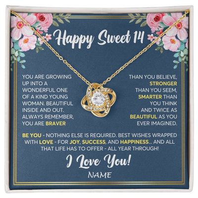 Love Knot Necklace 18K Yellow Gold Finish | Personalized Happy Sweet 14 For Girls Necklace Sweet Fourteen 14th Birthday Gifts For 14 Fourteen Old For Girl Niece Daughter Customized Gift Box Message Card | teecentury