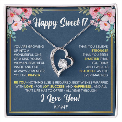 Forever Love Necklace 14K White Gold Finish | Personalized Happy Sweet 17 For Girls Necklace Sweet Seventeen 17th Birthday Gifts For 17 Seventeen Old For Girl Niece Daughter Customized Gift Box Message Card | teecentury