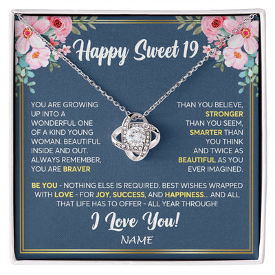Love Knot Necklace 14K White Gold Finish | Personalized Happy Sweet 19 For Girls Necklace Sweet Nineteen 19th Birthday Gifts For 19 Nineteen Old For Girl Niece Daughter Customized Gift Box Message Card | teecentury