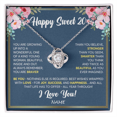 Love Knot Necklace 14K White Gold Finish | Personalized Happy Sweet 20 For Girls Necklace Sweet Twenty 20th Birthday Gifts For 20 Twenty Old For Girl Niece Daughter Customized Gift Box Message Card | teecentury