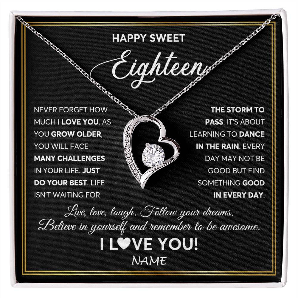 Forever Love Necklace 14K White Gold Finish | Personalized Happy Sweet Eighteen Necklace Sweet 18 Gifts For Girls Birthday Jewelry 18 Eighteen Old Niece Daughter From Mom Dad Customized Gift Box Message Card | teecentury