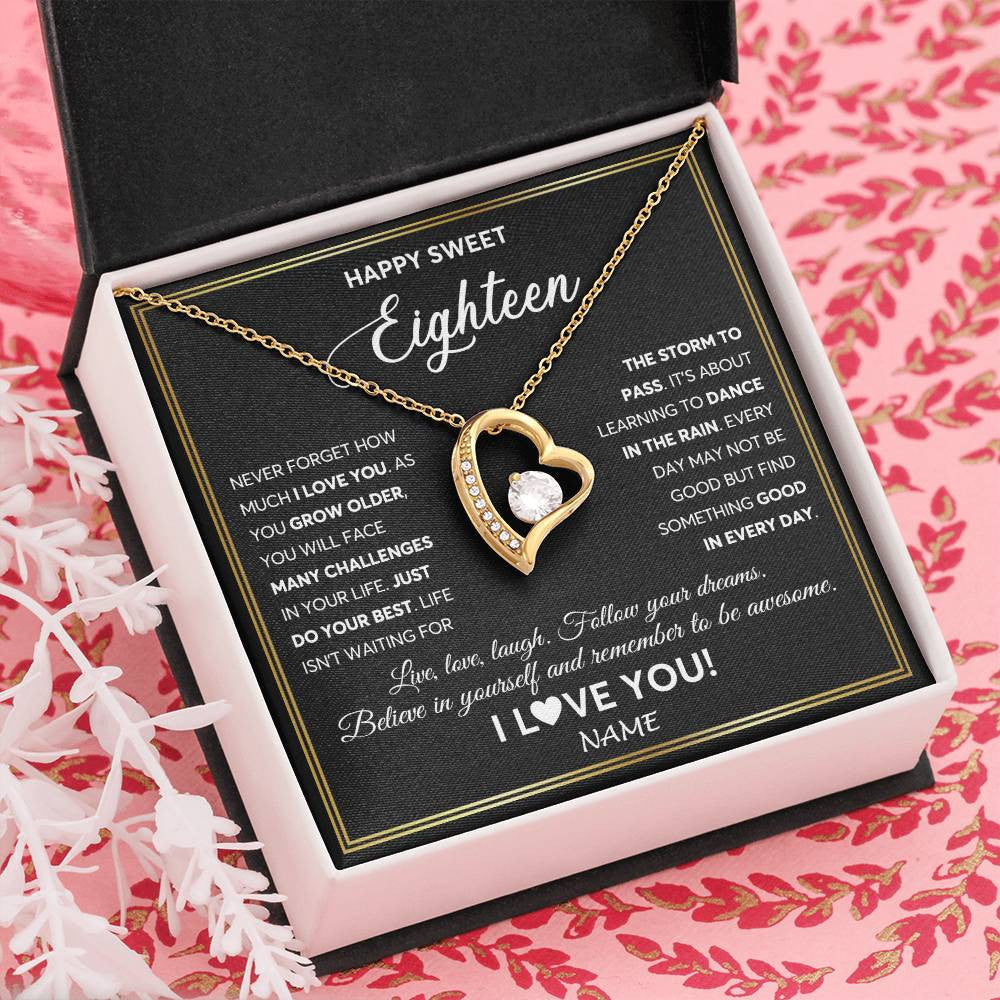 Forever Love Necklace 18K Yellow Gold Finish | Personalized Happy Sweet Eighteen Necklace Sweet 18 Gifts For Girls Birthday Jewelry 18 Eighteen Old Niece Daughter From Mom Dad Customized Gift Box Message Card | teecentury