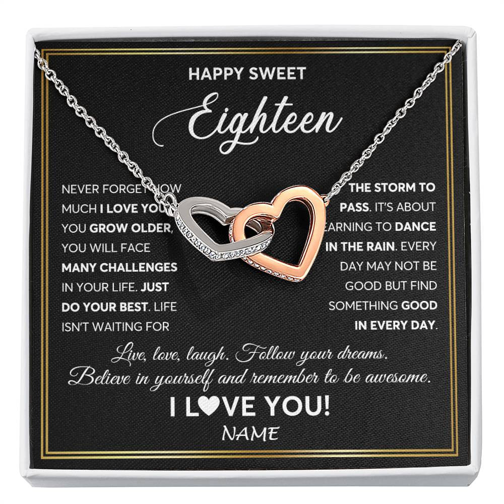 Interlocking Hearts Necklace Stainless Steel & Rose Gold Finish | Personalized Happy Sweet Eighteen Necklace Sweet 18 Gifts For Girls Birthday Jewelry 18 Eighteen Old Niece Daughter From Mom Dad Customized Gift Box Message Card | teecentury