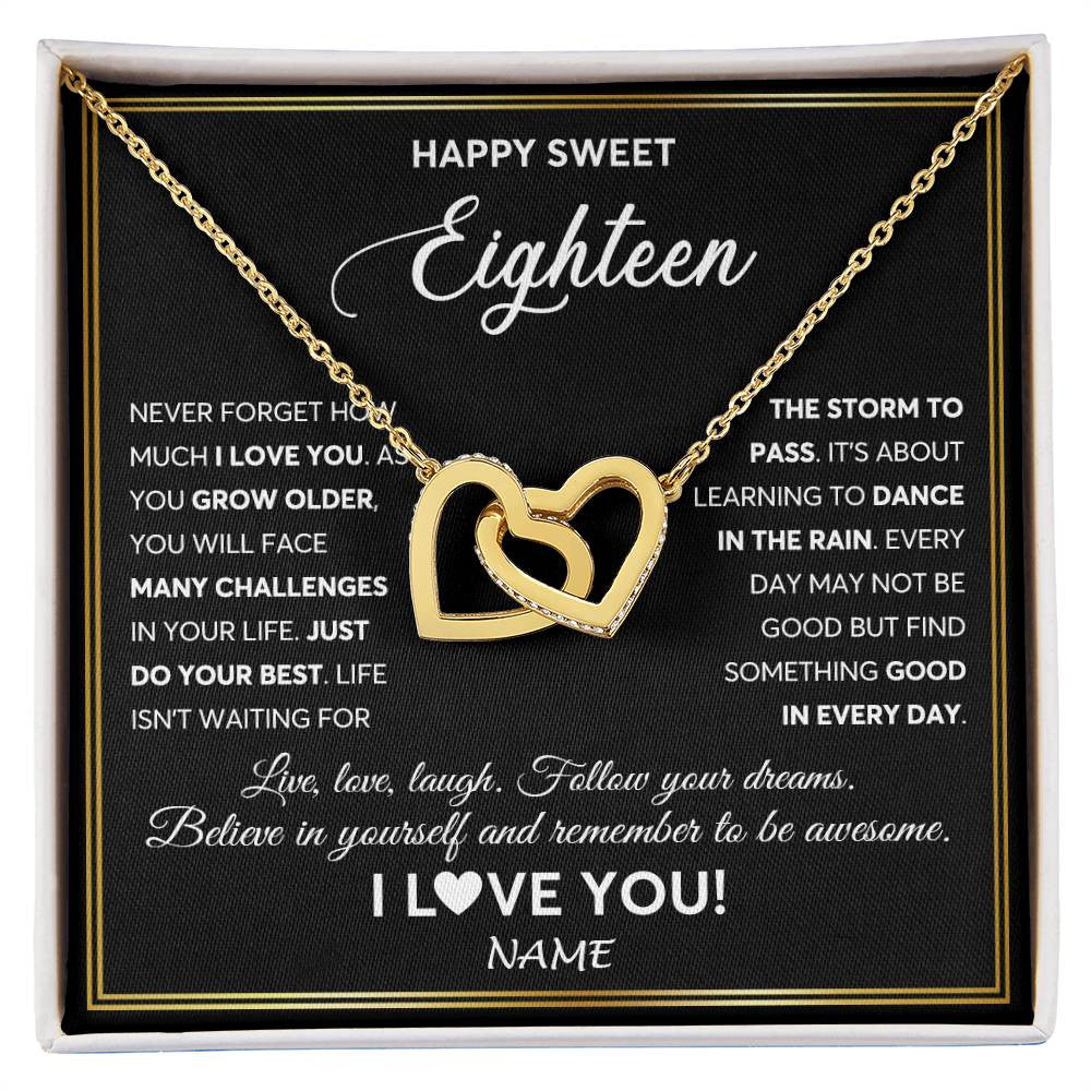Interlocking Hearts Necklace 18K Yellow Gold Finish | Personalized Happy Sweet Eighteen Necklace Sweet 18 Gifts For Girls Birthday Jewelry 18 Eighteen Old Niece Daughter From Mom Dad Customized Gift Box Message Card | teecentury