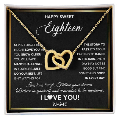 Interlocking Hearts Necklace 18K Yellow Gold Finish | Personalized Happy Sweet Eighteen Necklace Sweet 18 Gifts For Girls Birthday Jewelry 18 Eighteen Old Niece Daughter From Mom Dad Customized Gift Box Message Card | teecentury