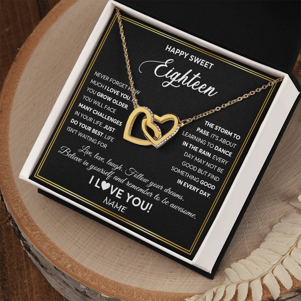 Interlocking Hearts Necklace 18K Yellow Gold Finish | Personalized Happy Sweet Eighteen Necklace Sweet 18 Gifts For Girls Birthday Jewelry 18 Eighteen Old Niece Daughter From Mom Dad Customized Gift Box Message Card | teecentury
