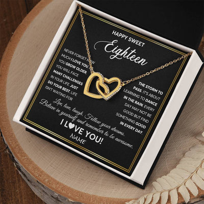 Interlocking Hearts Necklace 18K Yellow Gold Finish | Personalized Happy Sweet Eighteen Necklace Sweet 18 Gifts For Girls Birthday Jewelry 18 Eighteen Old Niece Daughter From Mom Dad Customized Gift Box Message Card | teecentury