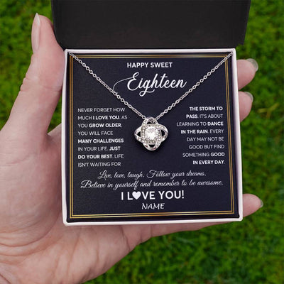 Love Knot Necklace 14K White Gold Finish | Personalized Happy Sweet Eighteen Necklace Sweet 18 Gifts For Girls Birthday Jewelry 18 Eighteen Old Niece Daughter From Mom Dad Customized Gift Box Message Card | teecentury