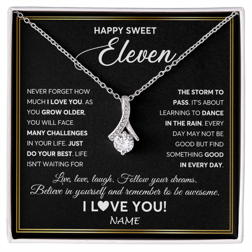 Alluring Beauty Necklace 14K White Gold Finish | Personalized Happy Sweet Eleven Necklace Sweet 11 Gifts For Girls Birthday Jewelry 11 Eleven Old Niece Daughter From Mom Dad Customized Gift Box Message Card | teecentury