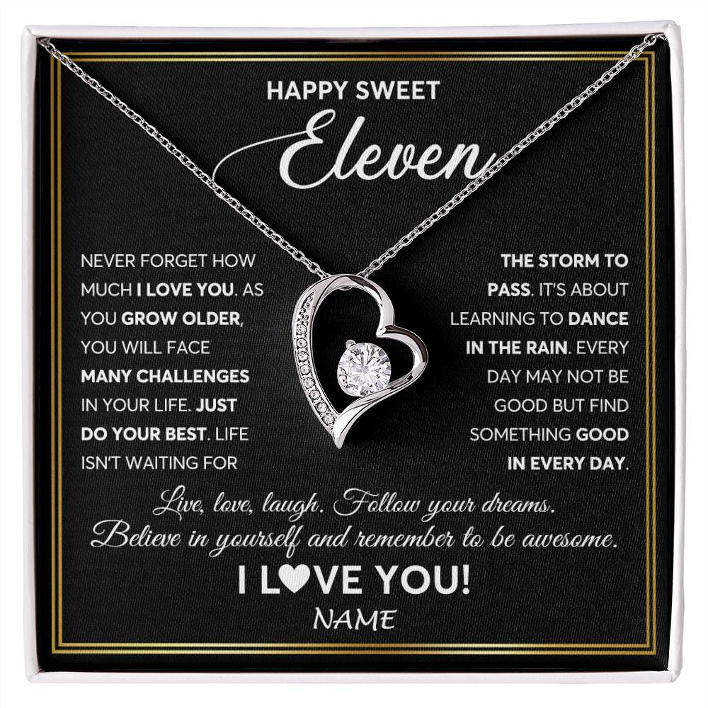 Forever Love Necklace 14K White Gold Finish | Personalized Happy Sweet Eleven Necklace Sweet 11 Gifts For Girls Birthday Jewelry 11 Eleven Old Niece Daughter From Mom Dad Customized Gift Box Message Card | teecentury