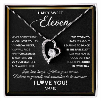 Forever Love Necklace 14K White Gold Finish | Personalized Happy Sweet Eleven Necklace Sweet 11 Gifts For Girls Birthday Jewelry 11 Eleven Old Niece Daughter From Mom Dad Customized Gift Box Message Card | teecentury