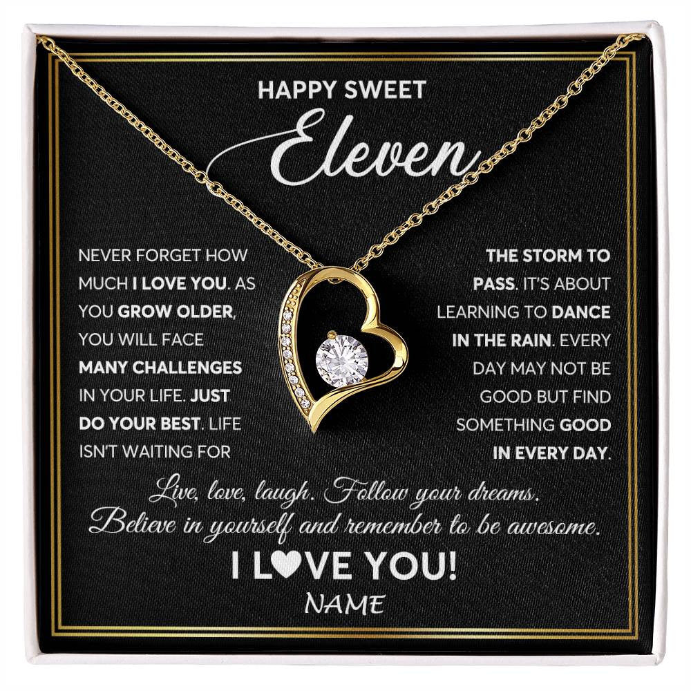 Forever Love Necklace 18K Yellow Gold Finish | Personalized Happy Sweet Eleven Necklace Sweet 11 Gifts For Girls Birthday Jewelry 11 Eleven Old Niece Daughter From Mom Dad Customized Gift Box Message Card | teecentury