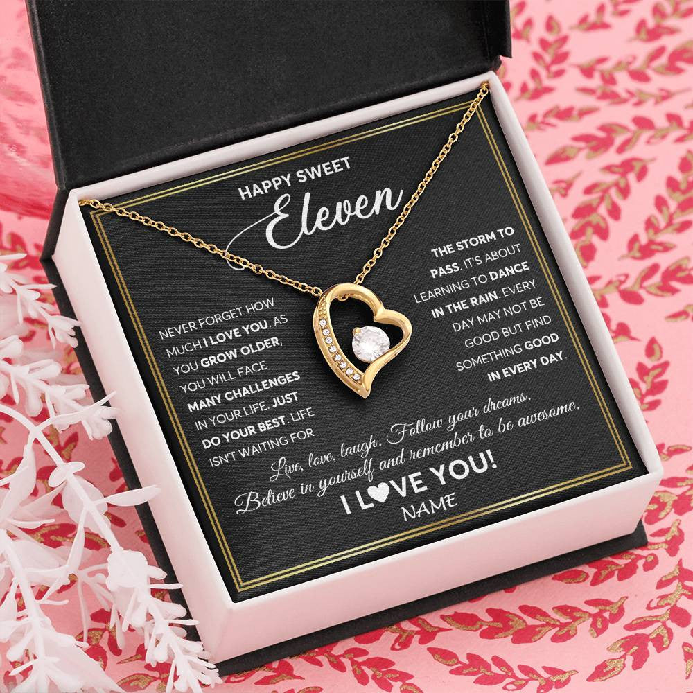 Forever Love Necklace 18K Yellow Gold Finish | Personalized Happy Sweet Eleven Necklace Sweet 11 Gifts For Girls Birthday Jewelry 11 Eleven Old Niece Daughter From Mom Dad Customized Gift Box Message Card | teecentury