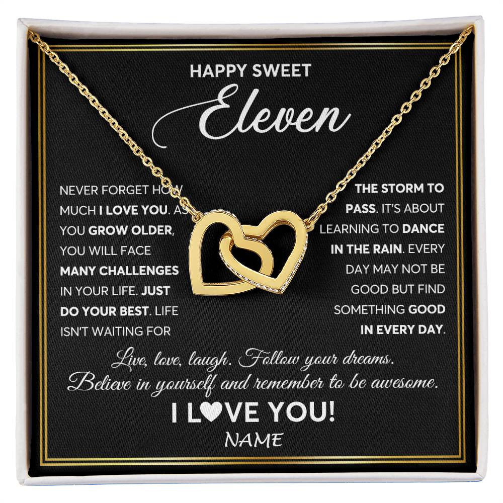 Interlocking Hearts Necklace 18K Yellow Gold Finish | Personalized Happy Sweet Eleven Necklace Sweet 11 Gifts For Girls Birthday Jewelry 11 Eleven Old Niece Daughter From Mom Dad Customized Gift Box Message Card | teecentury