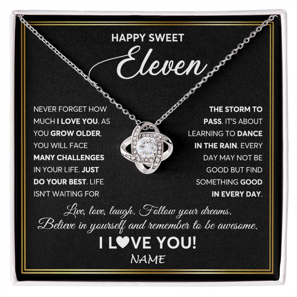 Love Knot Necklace 14K White Gold Finish | Personalized Happy Sweet Eleven Necklace Sweet 11 Gifts For Girls Birthday Jewelry 11 Eleven Old Niece Daughter From Mom Dad Customized Gift Box Message Card | teecentury