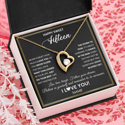Forever Love Necklace 18K Yellow Gold Finish | Personalized Happy Sweet Fifteen Necklace Sweet 15 Gifts For Girls Birthday Jewelry 15 Fifteen Old Niece Daughter From Mom Dad Customized Gift Box Message Card | teecentury