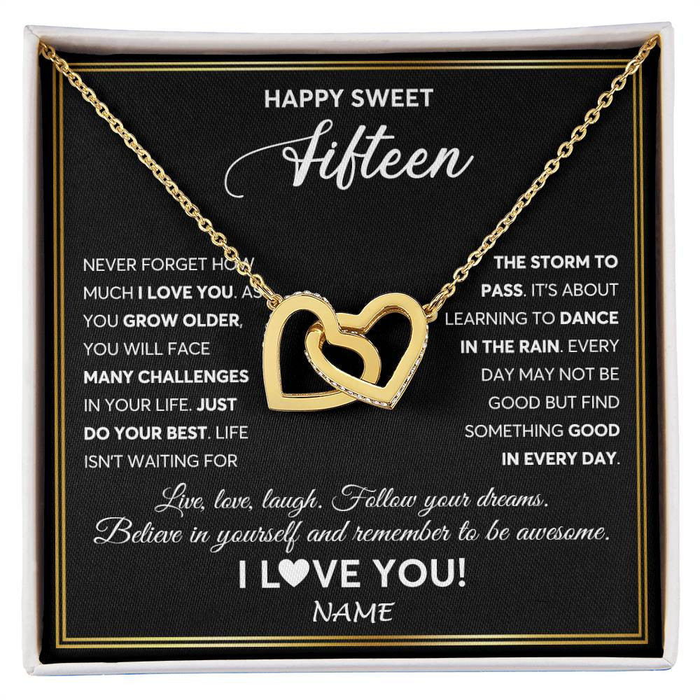 Interlocking Hearts Necklace 18K Yellow Gold Finish | Personalized Happy Sweet Fifteen Necklace Sweet 15 Gifts For Girls Birthday Jewelry 15 Fifteen Old Niece Daughter From Mom Dad Customized Gift Box Message Card | teecentury