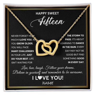 Interlocking Hearts Necklace 18K Yellow Gold Finish | Personalized Happy Sweet Fifteen Necklace Sweet 15 Gifts For Girls Birthday Jewelry 15 Fifteen Old Niece Daughter From Mom Dad Customized Gift Box Message Card | teecentury