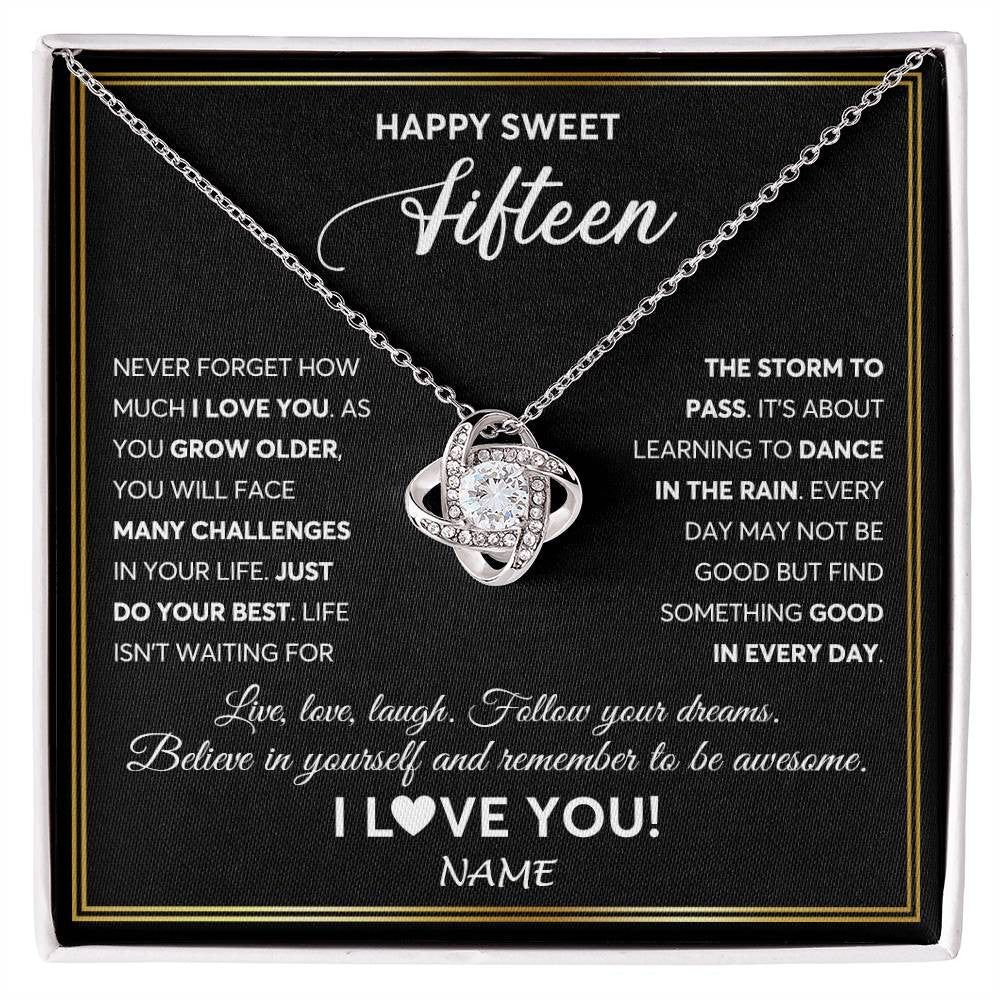Love Knot Necklace 14K White Gold Finish | Personalized Happy Sweet Fifteen Necklace Sweet 15 Gifts For Girls Birthday Jewelry 15 Fifteen Old Niece Daughter From Mom Dad Customized Gift Box Message Card | teecentury