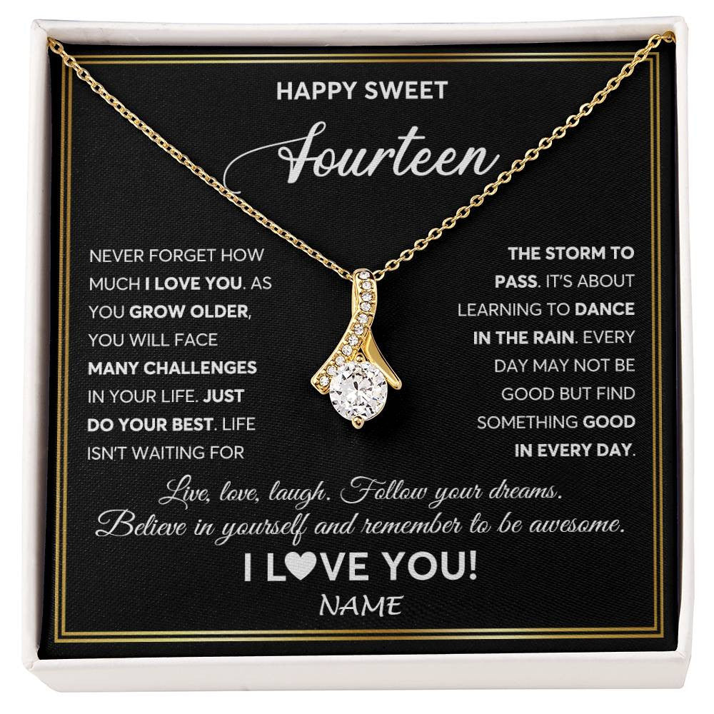Alluring Beauty Necklace 18K Yellow Gold Finish | Personalized Happy Sweet Fourteen Necklace Sweet 14 Gifts For Girls Birthday Jewelry 14 Fourteen Old Niece Daughter From Mom Dad Customized Gift Box Message Card | teecentury