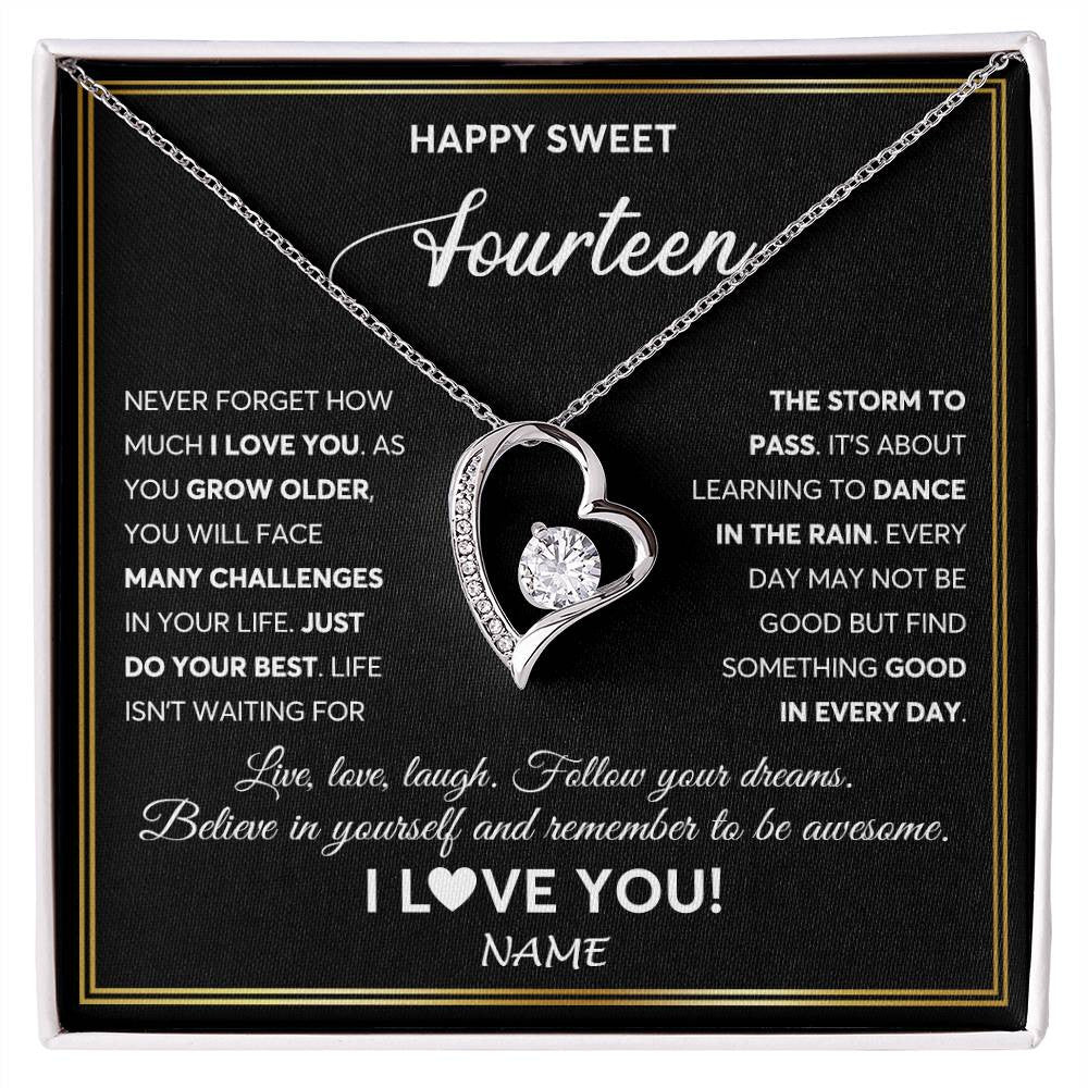 Forever Love Necklace 14K White Gold Finish | Personalized Happy Sweet Fourteen Necklace Sweet 14 Gifts For Girls Birthday Jewelry 14 Fourteen Old Niece Daughter From Mom Dad Customized Gift Box Message Card | teecentury