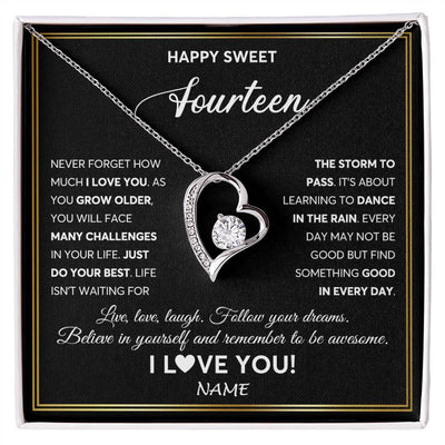 Forever Love Necklace 14K White Gold Finish | Personalized Happy Sweet Fourteen Necklace Sweet 14 Gifts For Girls Birthday Jewelry 14 Fourteen Old Niece Daughter From Mom Dad Customized Gift Box Message Card | teecentury