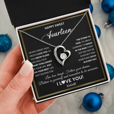 Forever Love Necklace 14K White Gold Finish | Personalized Happy Sweet Fourteen Necklace Sweet 14 Gifts For Girls Birthday Jewelry 14 Fourteen Old Niece Daughter From Mom Dad Customized Gift Box Message Card | teecentury