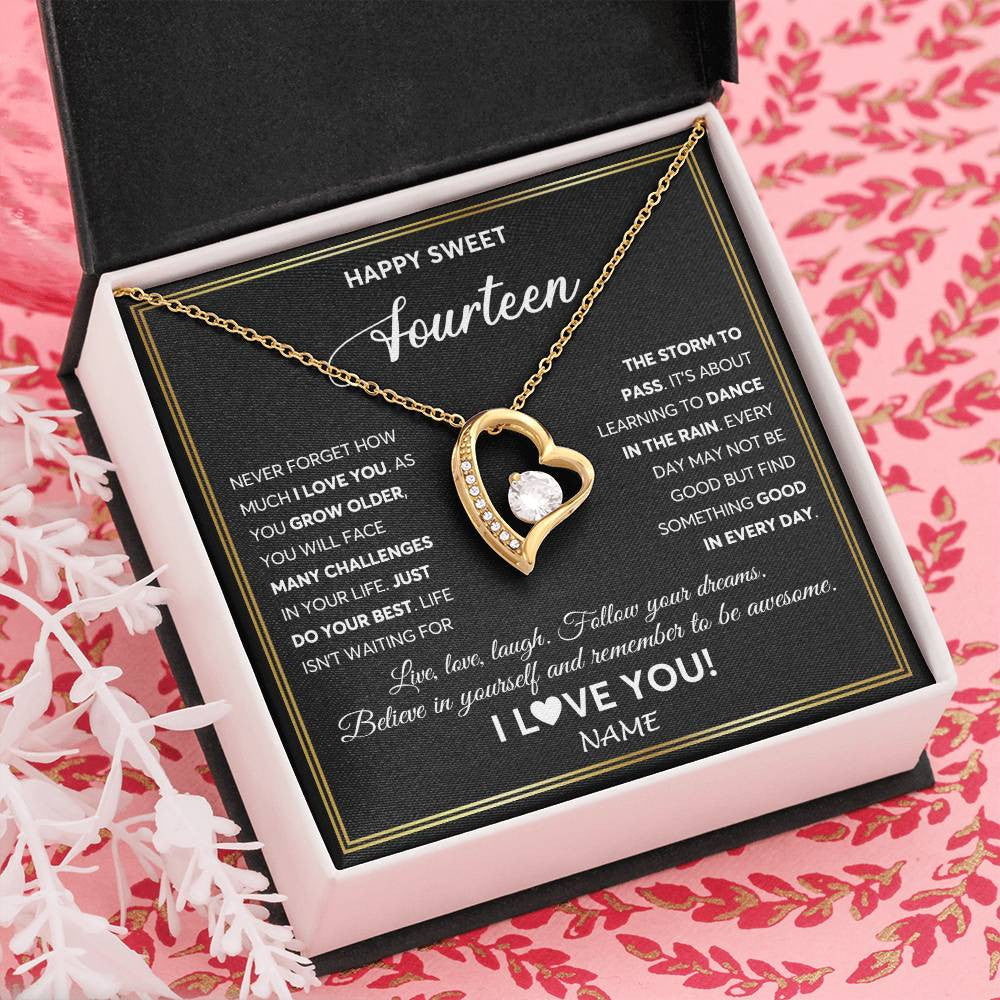 Forever Love Necklace 18K Yellow Gold Finish | Personalized Happy Sweet Fourteen Necklace Sweet 14 Gifts For Girls Birthday Jewelry 14 Fourteen Old Niece Daughter From Mom Dad Customized Gift Box Message Card | teecentury
