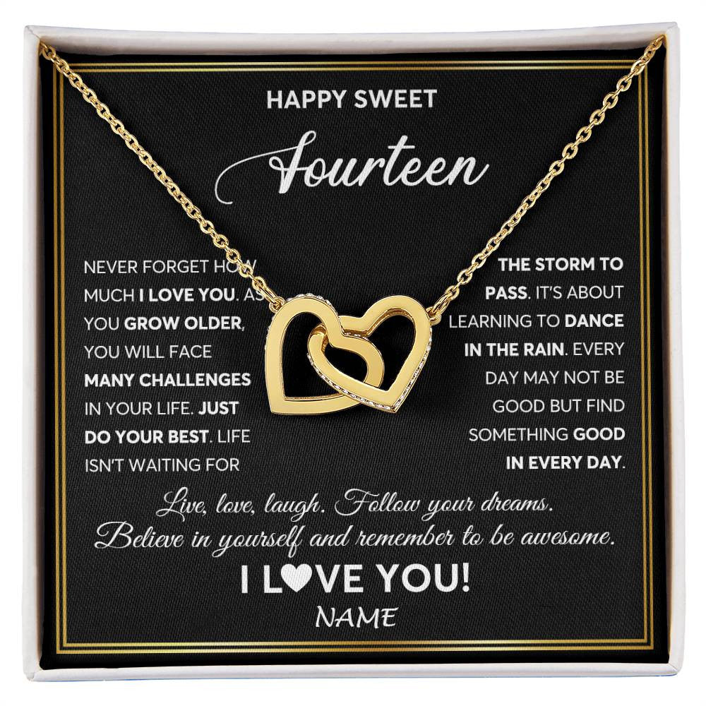 Interlocking Hearts Necklace 18K Yellow Gold Finish | Personalized Happy Sweet Fourteen Necklace Sweet 14 Gifts For Girls Birthday Jewelry 14 Fourteen Old Niece Daughter From Mom Dad Customized Gift Box Message Card | teecentury