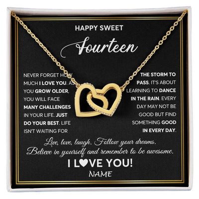 Interlocking Hearts Necklace 18K Yellow Gold Finish | Personalized Happy Sweet Fourteen Necklace Sweet 14 Gifts For Girls Birthday Jewelry 14 Fourteen Old Niece Daughter From Mom Dad Customized Gift Box Message Card | teecentury