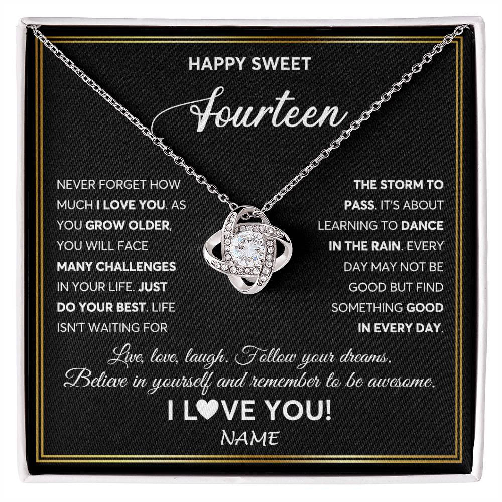 Love Knot Necklace 14K White Gold Finish | Personalized Happy Sweet Fourteen Necklace Sweet 14 Gifts For Girls Birthday Jewelry 14 Fourteen Old Niece Daughter From Mom Dad Customized Gift Box Message Card | teecentury