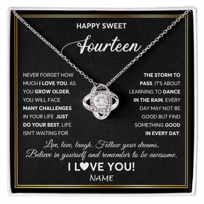 Love Knot Necklace 14K White Gold Finish | Personalized Happy Sweet Fourteen Necklace Sweet 14 Gifts For Girls Birthday Jewelry 14 Fourteen Old Niece Daughter From Mom Dad Customized Gift Box Message Card | teecentury