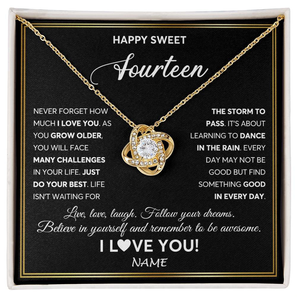 Love Knot Necklace 18K Yellow Gold Finish | Personalized Happy Sweet Fourteen Necklace Sweet 14 Gifts For Girls Birthday Jewelry 14 Fourteen Old Niece Daughter From Mom Dad Customized Gift Box Message Card | teecentury